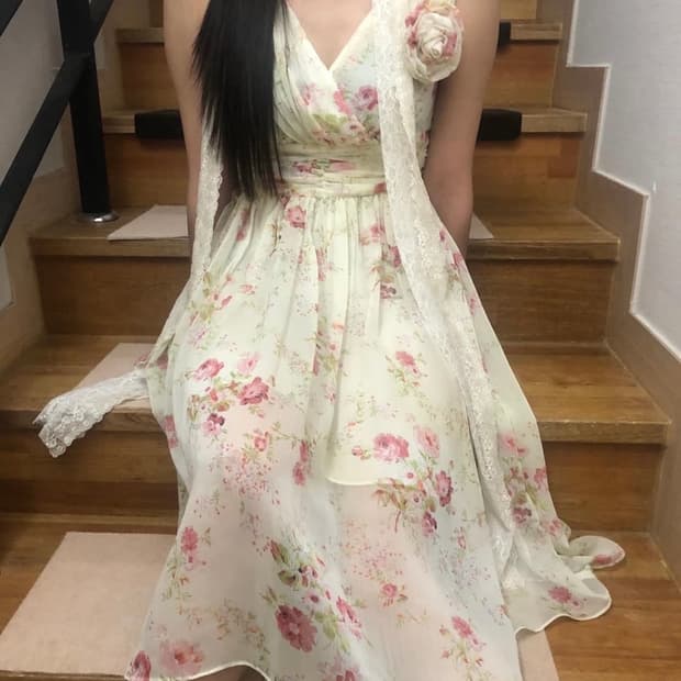 빈티지 화이트 플라워 롱 원피스