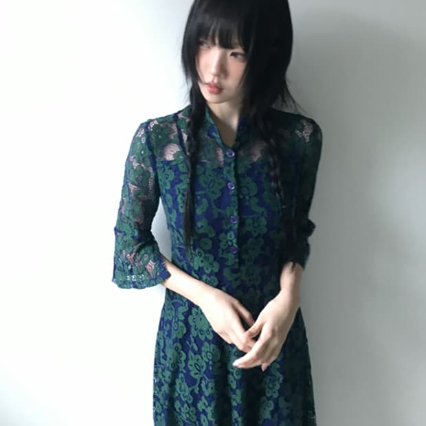 Lace collar flower dress(bluish green)