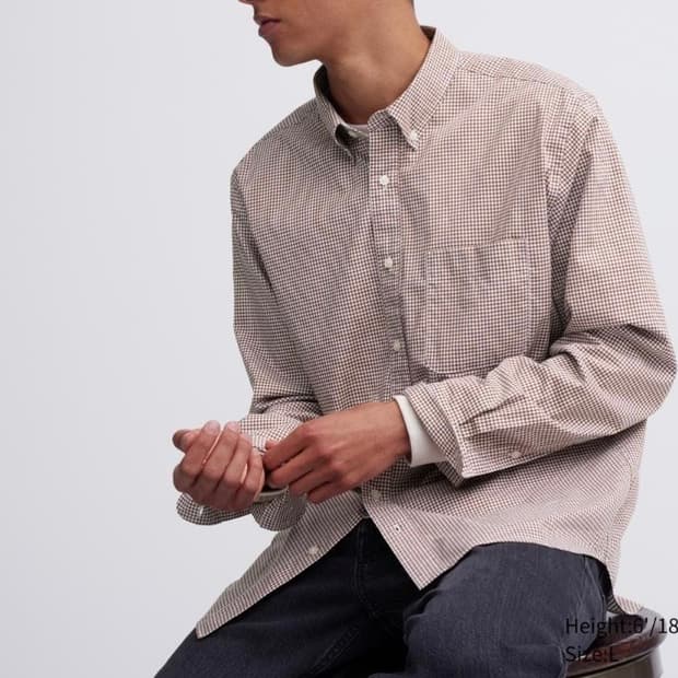 [4XL] 유니클로 오버핏 시티보이 캐쥬얼 체크 셔츠 남방 / 브라운