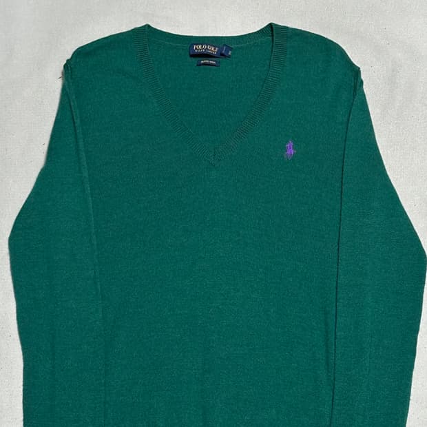 M 폴로랄프로렌 여성용 브이넥 그린 메리노울 니트