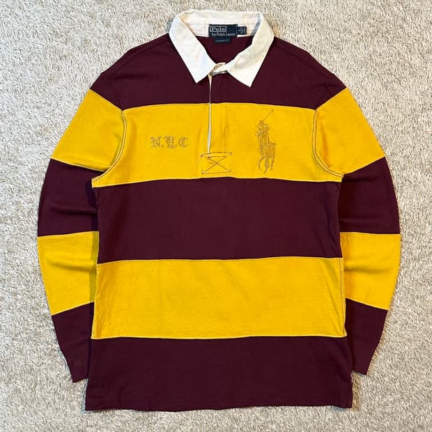 90's 폴로 랄프로렌 골드 빅포니 스트라이프 럭비티 버건디옐로우