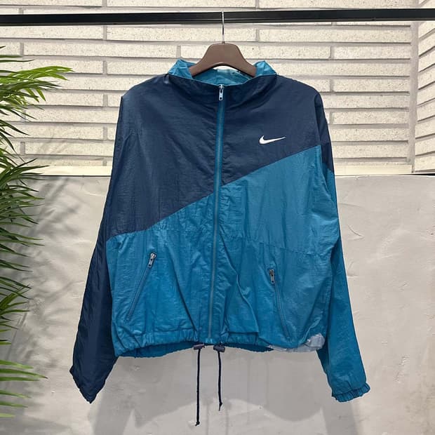 나이키 올드스쿨 후드 바람막이 배색 밑단 스트링 디테일 네이비 블루