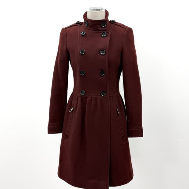 버버리 브릿 버건디 울 캐시미어 페플럼 코트