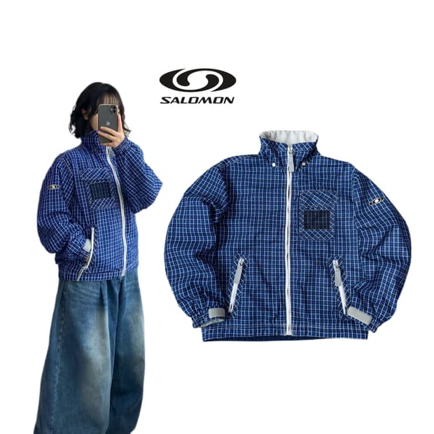 살로몬 제팬 고프코어 웜테크 체크 하이넥 풀오버 바람막이 자켓