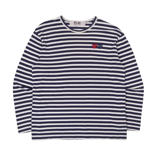 꼼데가르송 더블 하트 네이비 스트라이프 보더 롱슬리브