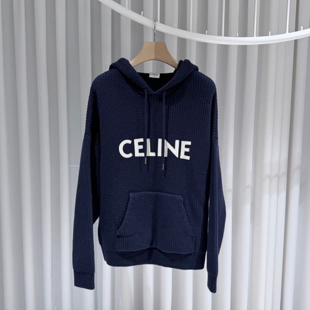 (A+/XS) / 셀린느 로고 리브드 울 후드 니트 스웨터 네이비