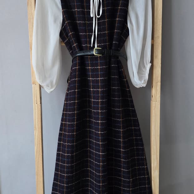 Roudy Flock Japan 울 체크 슬리브리스 롱원피스