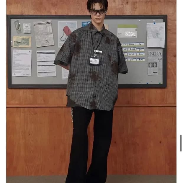 STU destroyed painting check shirt black