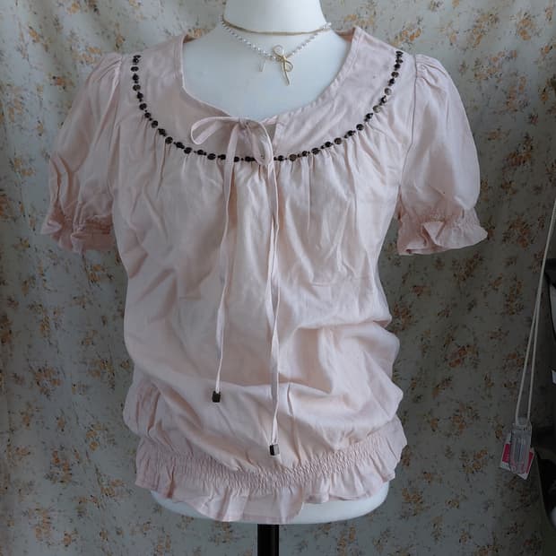[빈티지] 여성 핑크색 블라우스 퍼프소매 셔링 Free