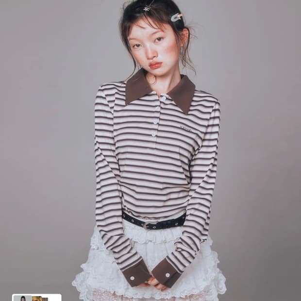 유희 STRIPE LONG SLEEVE PK T-SHIRTS BROWN