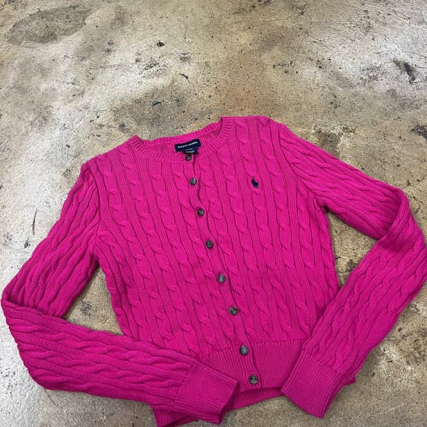 폴로 랄프로렌 핫 핑크 꽈배기 니트 가디건 