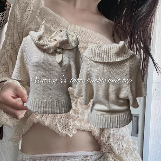 Vintage ☆ latte buckle knit top