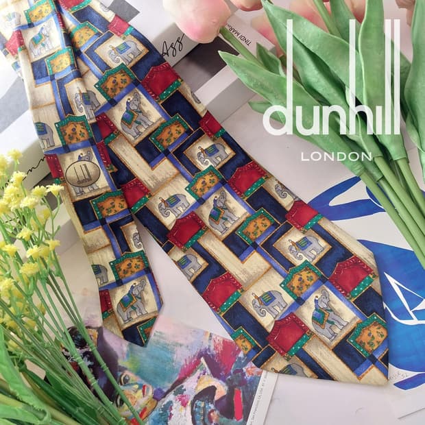 던힐 실크 베이지 코끼리 아트 패턴 넥타이 9.8cm A+등급 K1381