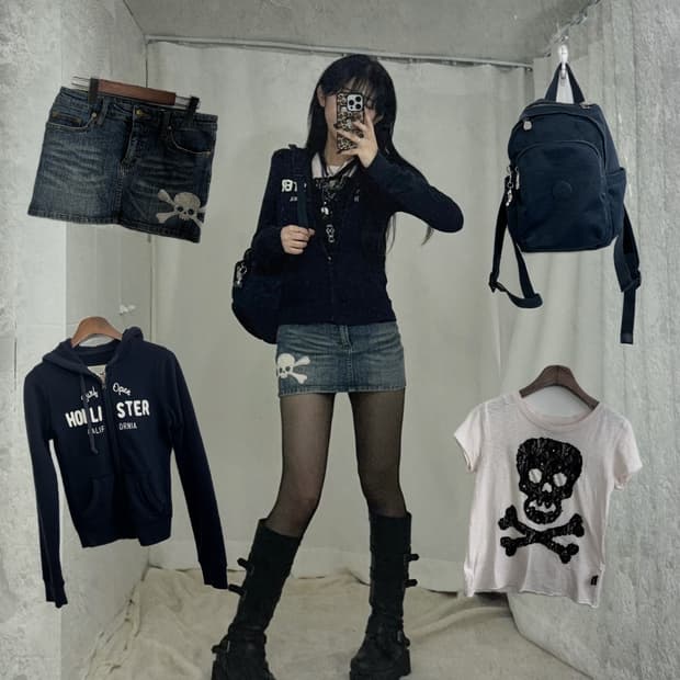 홀리스터 딱붙 데일리 네이비 해골 펑크 코디세트