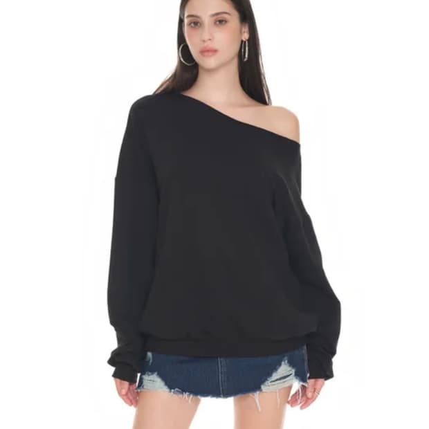 투머치택스 어시메트릭 원 숄더 스웨트셔츠 블랙 맨투맨