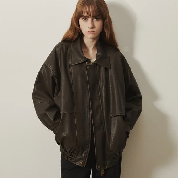레이디볼륨 빈티지 코팅 레더 자켓 브라운