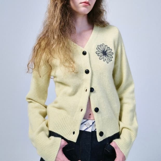 마르디 메르크디 라쿤 블랜디드 브이넥 가디건 옐로우 네이비 