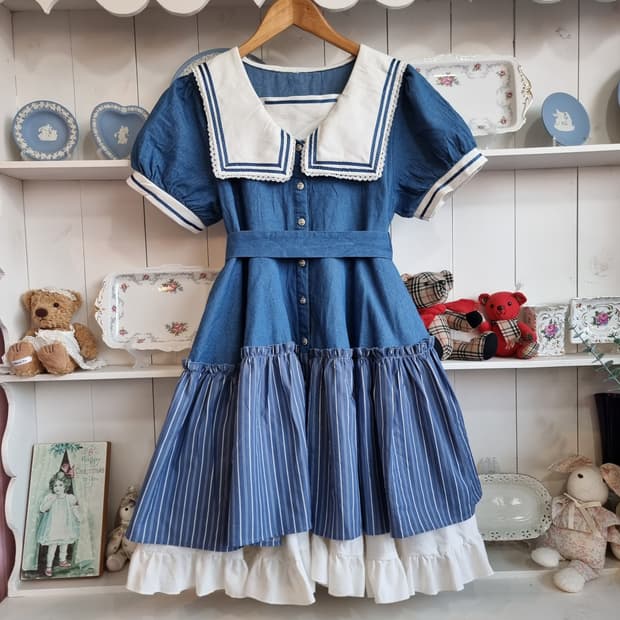 데님 세일러 원피스 청색 스트라이프 프릴