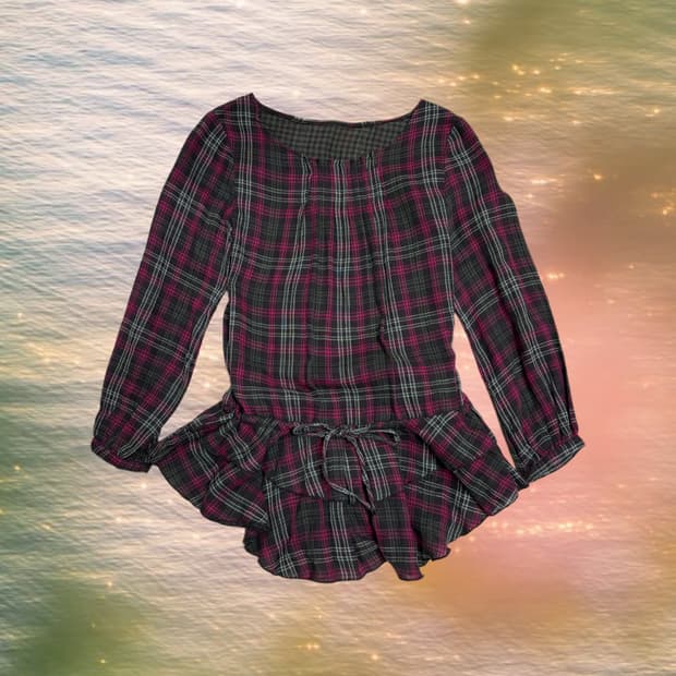 빈티지 하구미낭낭 그린티 체크 플리츠 롱 블라우스