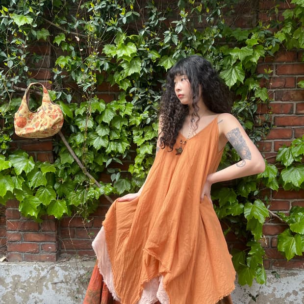 히피 오렌지 코랄 언발 레이어드 원피스