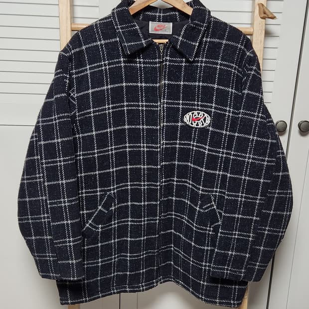 XL 나이키 90S 체크 블랙 모직 점퍼 자켓