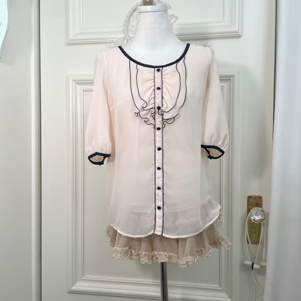 sheer pink black line ruffle blouse