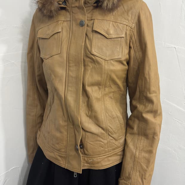 leather fur hood slim twoway jacket