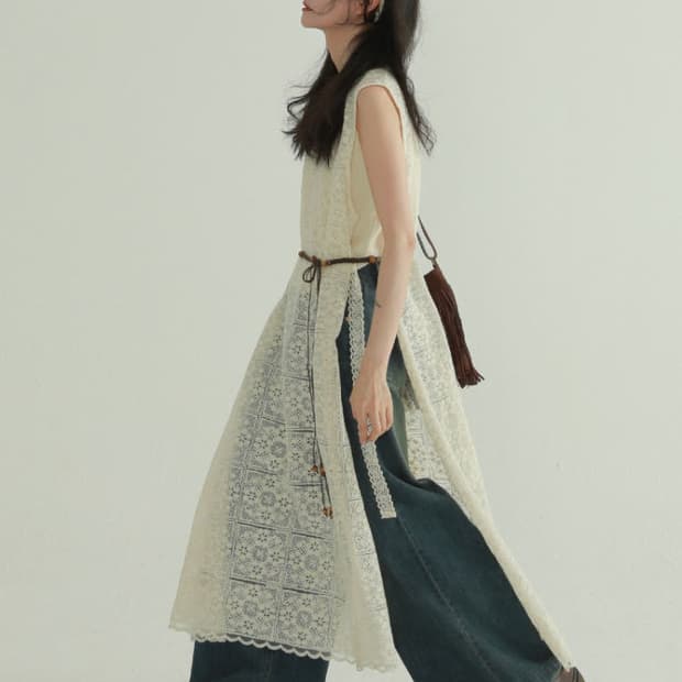 EPIC RARE 플로럴 레이스 펀칭 레이어드 원피스(새상품)