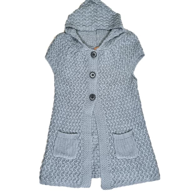 빈티지 그레이 후드 니트 쓰리버튼 포켓 반팔 가디건 모리걸하구미니혼진