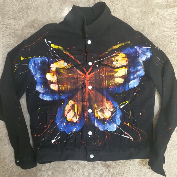 블랙 페인팅 청 데님 자켓 사이즈 100~105