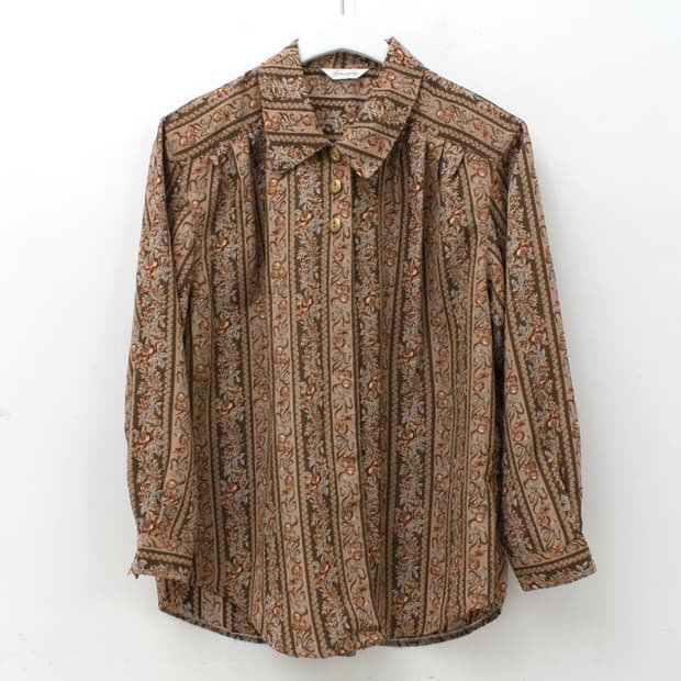 일본 빈티지 플라워 패턴 브라운 블라우스