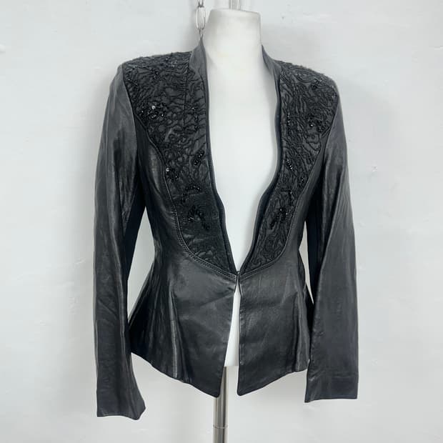 Beaded Lambskin Panel Leather Jacket