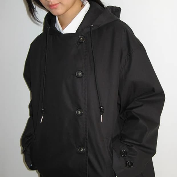 론론 후디드 어시매트릭 트렌치 자켓 (블랙)