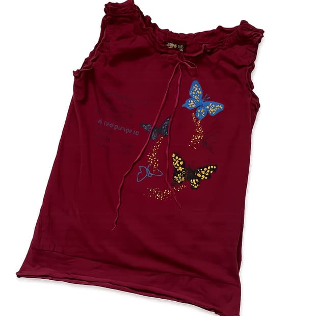     버건디 버터플라이 프릴 슬리브리스 탑