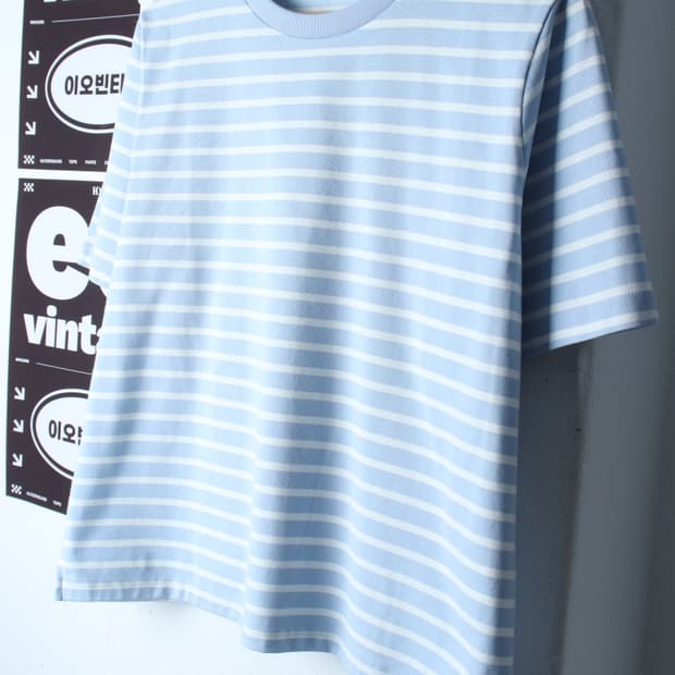 W(XL) 탑텐 반팔 티셔츠 스트라이프 연블루 세미크롭-H33375