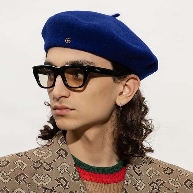새상품 구찌 GG 로고 울 펠트 베레모 모자 블루