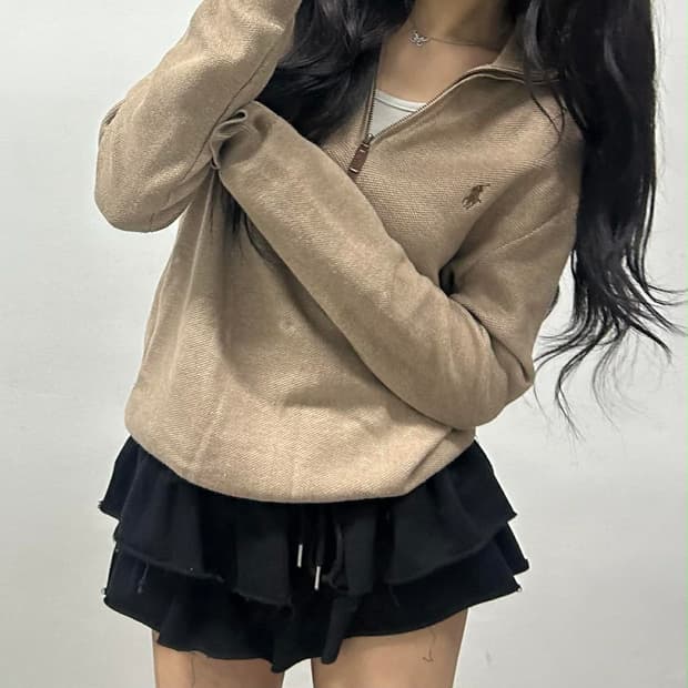폴로 랄프로렌 베이지 핀터깔 하프 집업 코튼 니트(M)