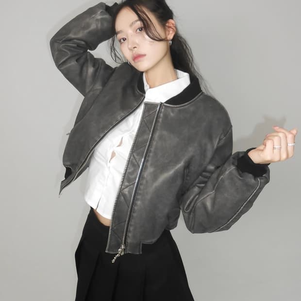 [차콜블랙]페일제이드 레더 패디드 봄버 자켓 패딩 가죽패딩자켓