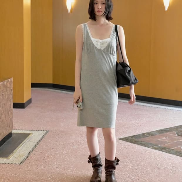 로우클래식 LACE DEEP VNECK DRESS MELANGE GREY