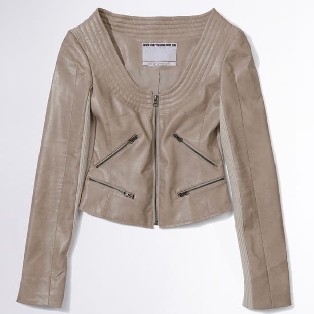  Portrait Neck Faux Leather Jacket Taupe