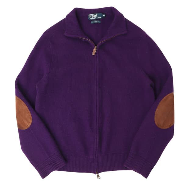 폴로랄프로렌 퍼플 엘보우패치 램스울 집업 가디건