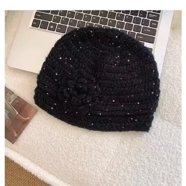 Sequin Flower Knit Beanie