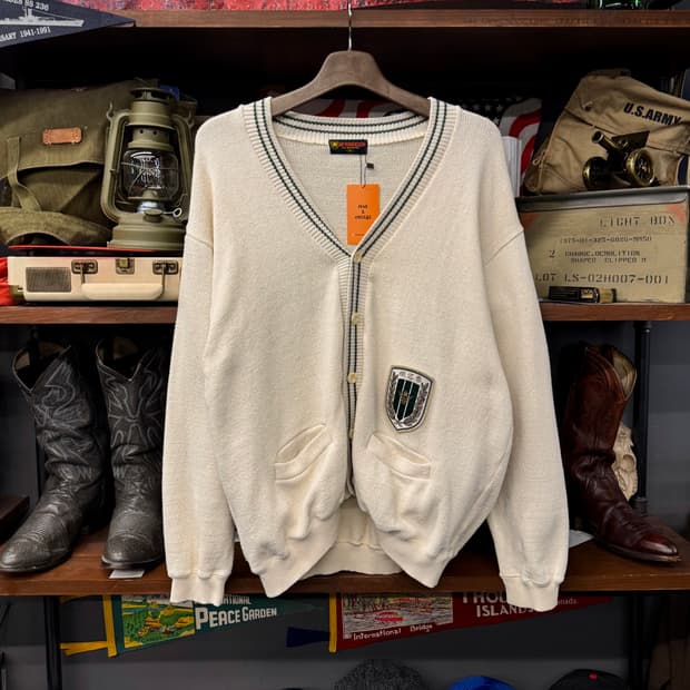 90s 맥그리거 월계수 와펜 패치 프레피 빈티지 크리켓 가디건 니트