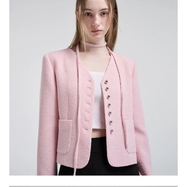 V-neck Strap Tweed Jacket Pink 카