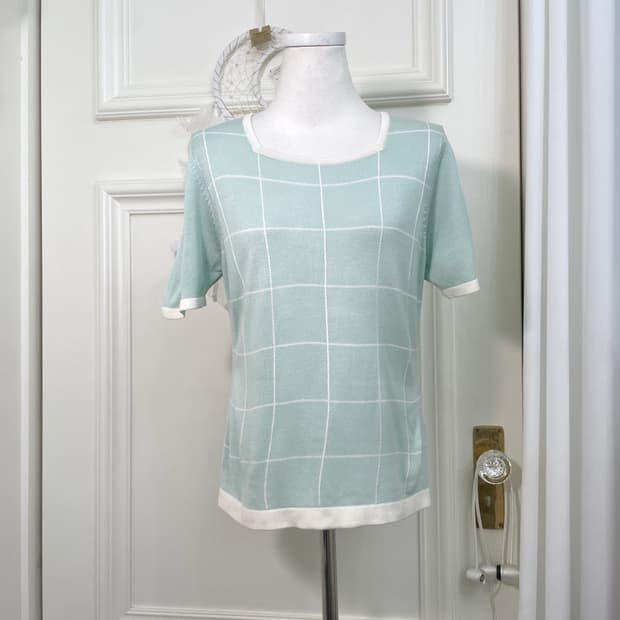 mint white check hlaf knit top(size-L)
