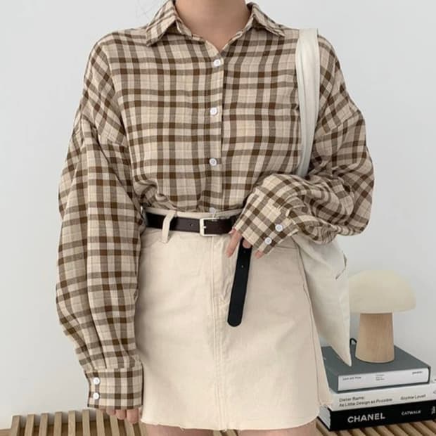 빈티지 오버핏 브라운 체크 셔츠 