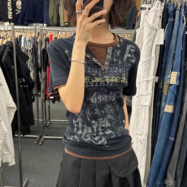 L)In The Attic vintage 여성 레이어드 프린팅 자수 반팔