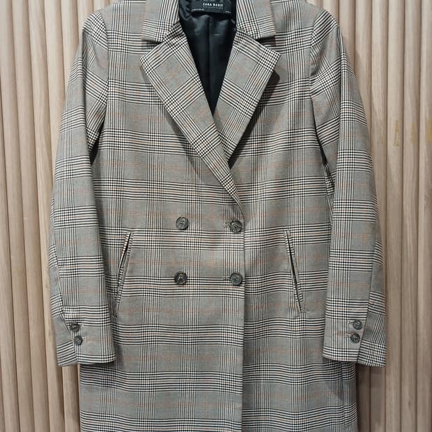 자라 글렌체크 블레이저 롱자켓- M