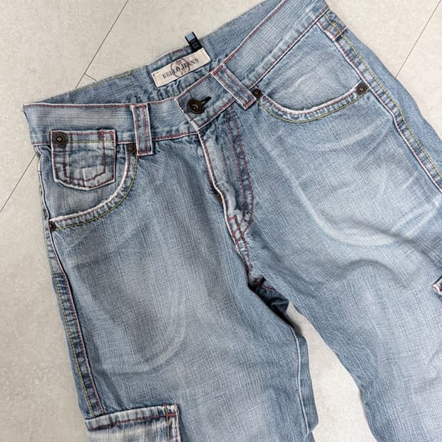 Kello jeans 핑크 스티치 워시드 연청 카고 팬츠