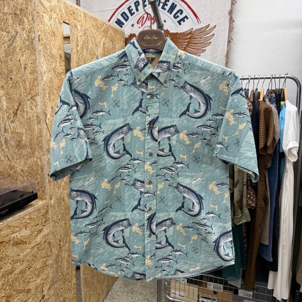 빈티지 피싱 패턴 반팔 셔츠